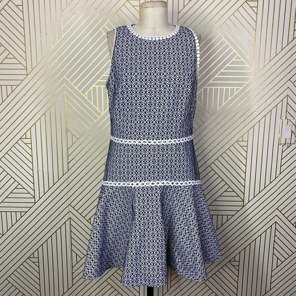 Anthropologie Monique Lhuillier Meagan Dress Geometric Navy Blue White Size 12 - Picture 2 of 12